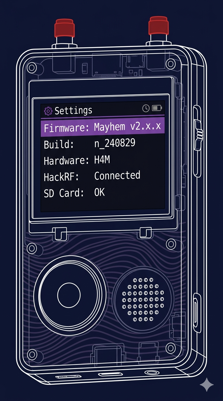 H4M Settings screen on 3.2-inch LCD showing Mayhem firmware version, build date n_240829, and hardware revision H4M