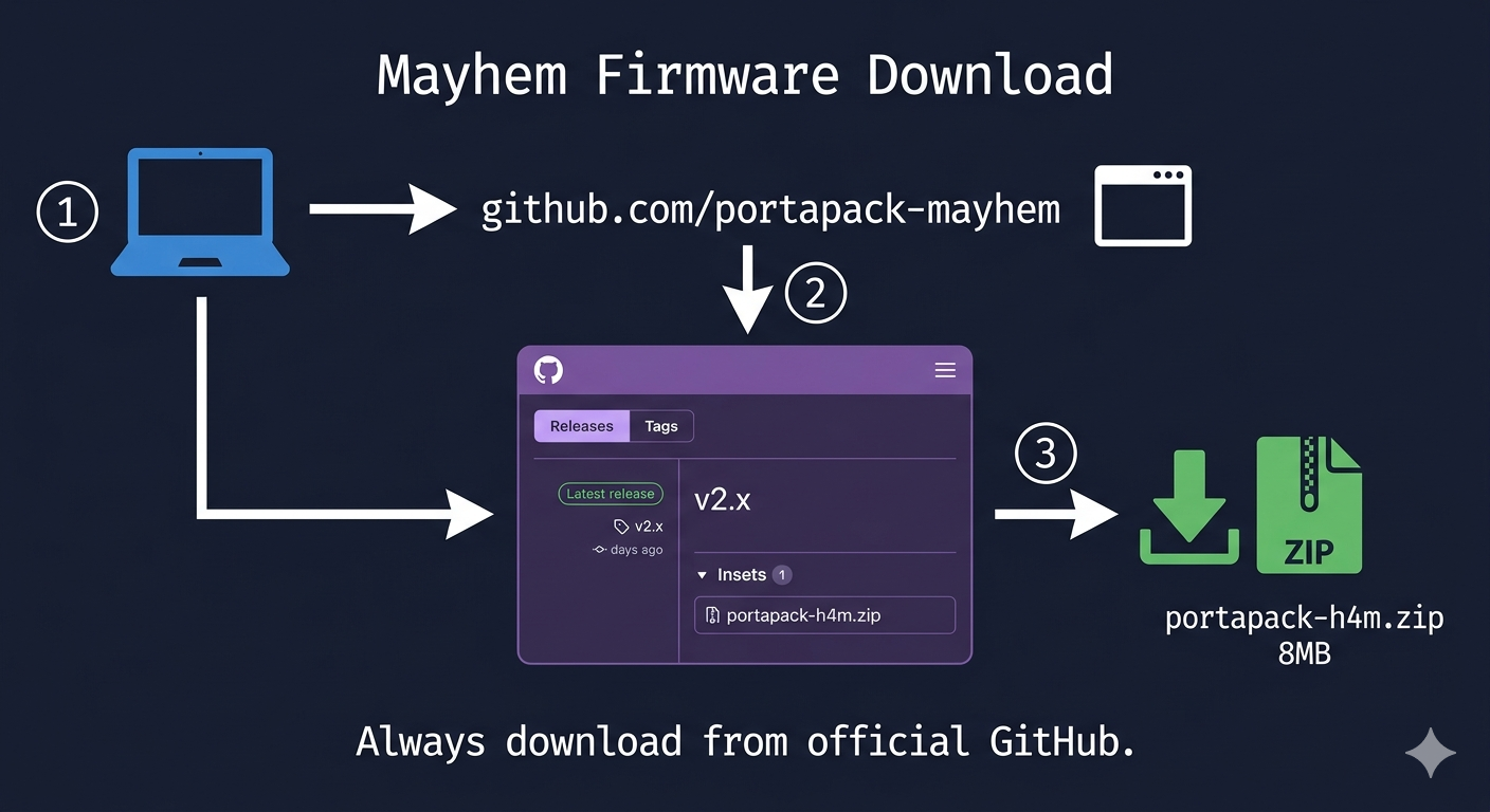 Mayhem firmware releases page on GitHub showing the latest .tar.gz release archive