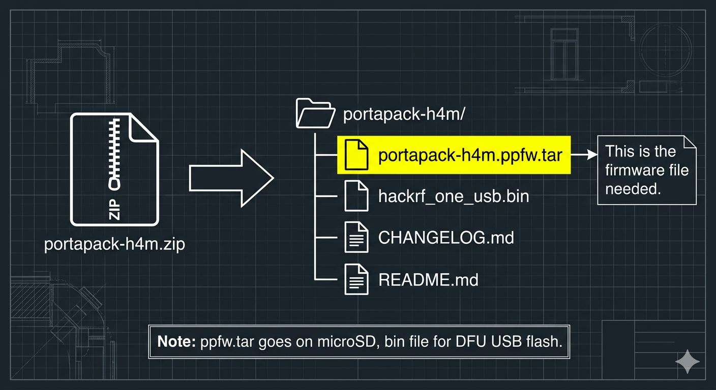Extracted firmware archive showing hackrf_one_usb.bin and portapack binary files