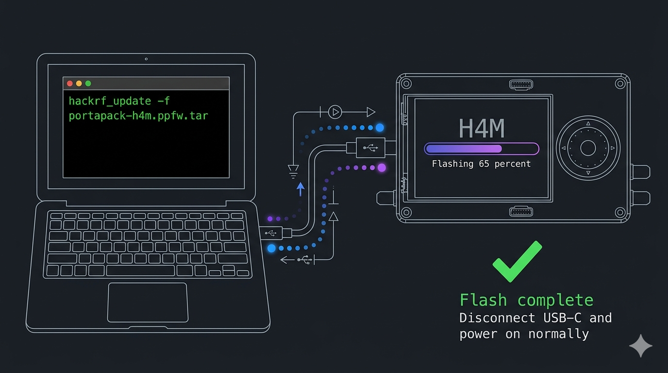 Terminal showing hackrf_update commands completing successfully with Update complete message