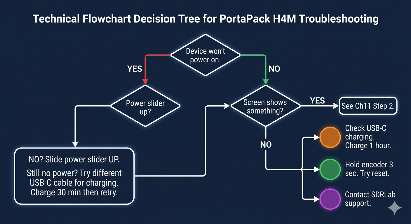 Troubleshooting decision tree starting from device won't power on leading to charge for 1 hour