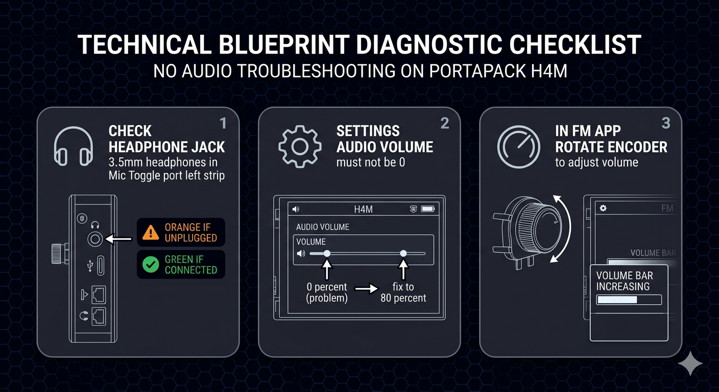 Audio troubleshooting showing headphone jack check, volume setting, and FM volume control via encoder