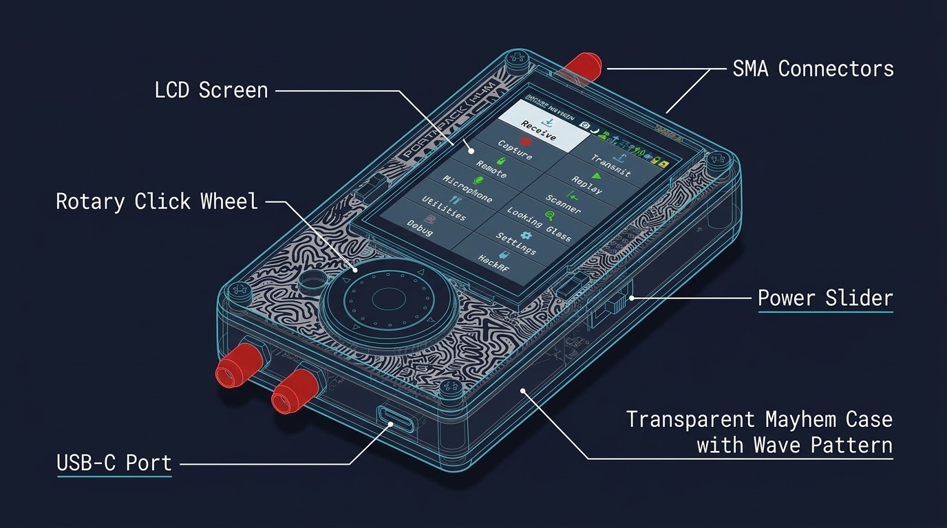 H4M unit front showing LCD screen, navigation buttons, and rotary encoder