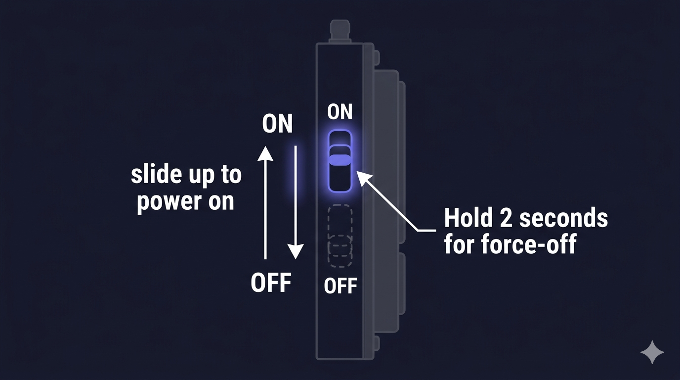 H4M side power slider — slide UP to power on, DOWN to power off