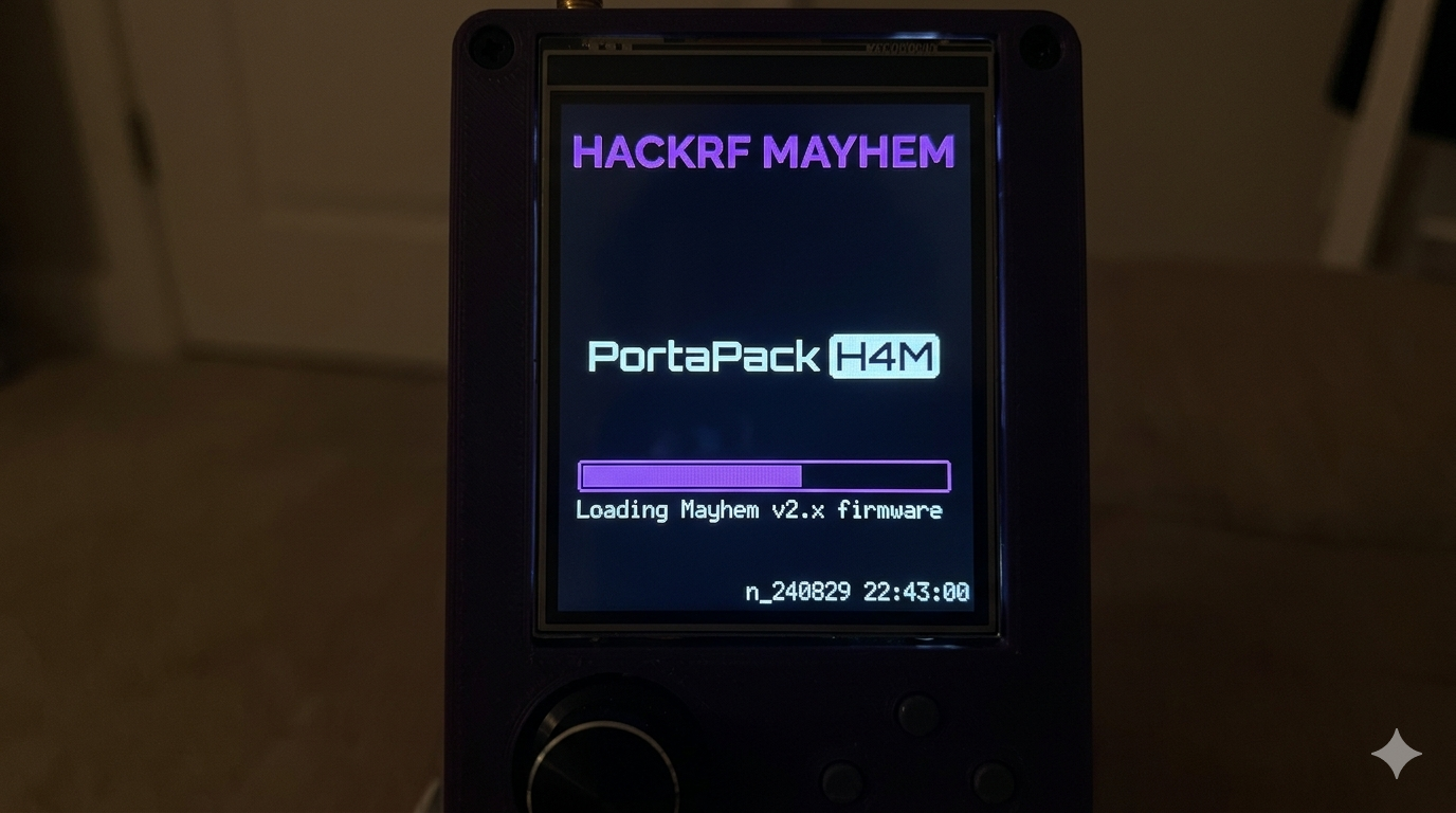 Mayhem firmware boot logo and version number displayed on the H4M LCD