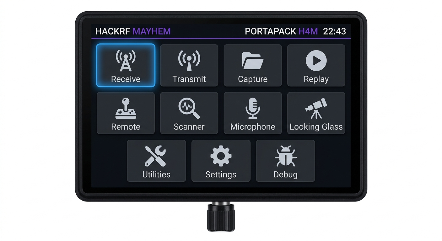 Mayhem main menu grid showing Receiver, Transmitter, Capture, Replay, Tools, and Setup icons