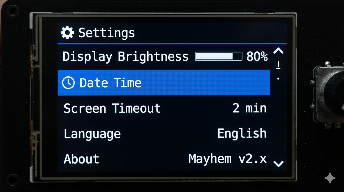 Setup menu showing Display brightness and Date/Time configuration screens