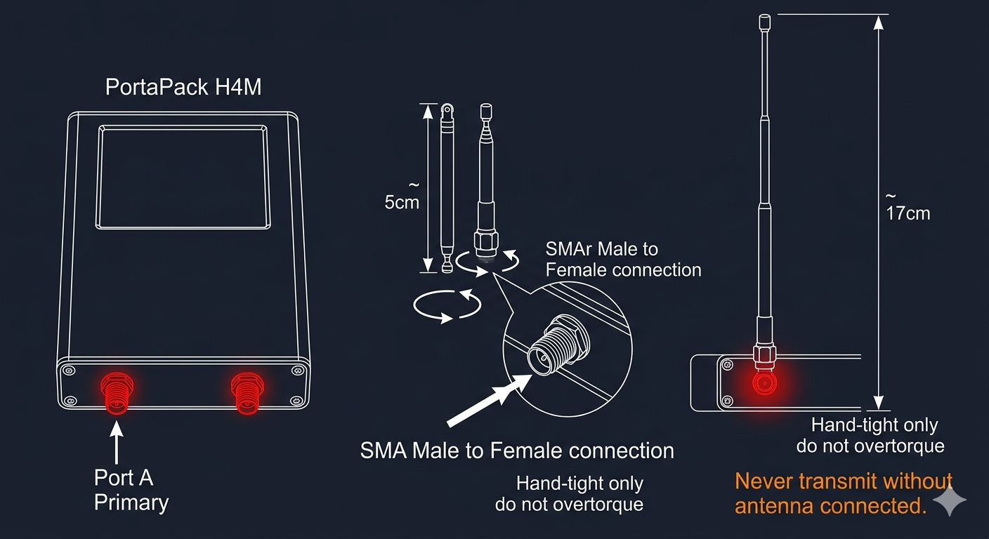 Telescopic antenna being threaded clockwise onto the H4M SMA female port