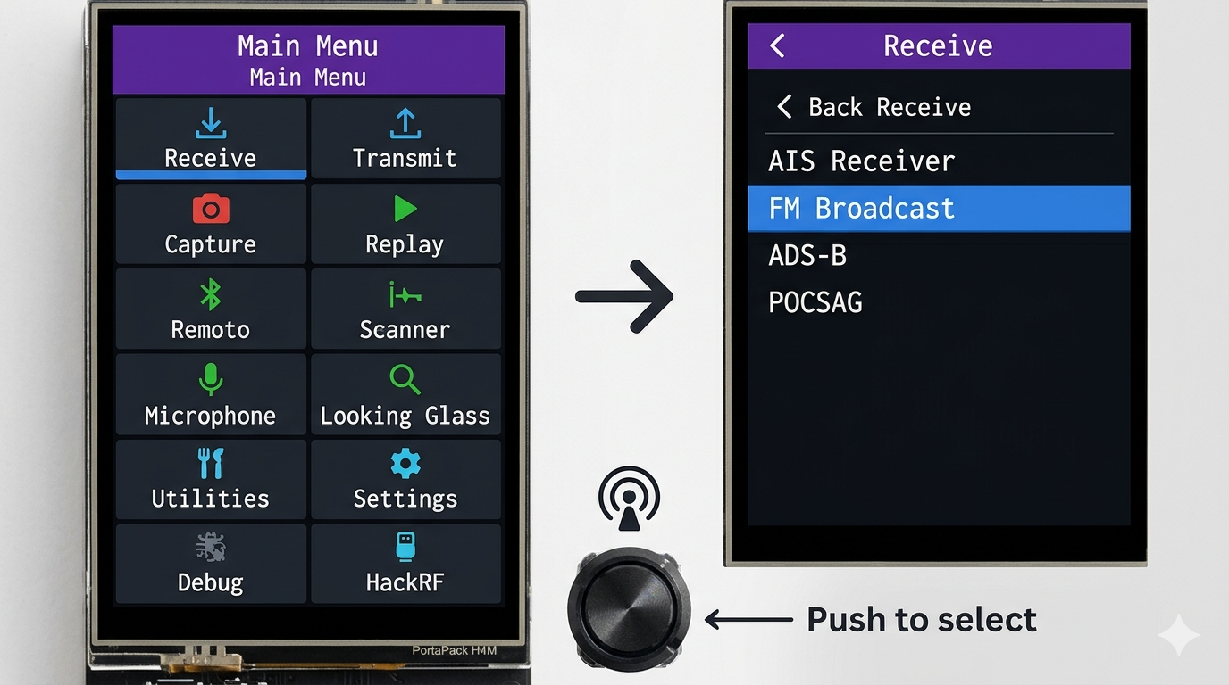 FM Broadcast app open on the H4M screen showing frequency display and signal meter