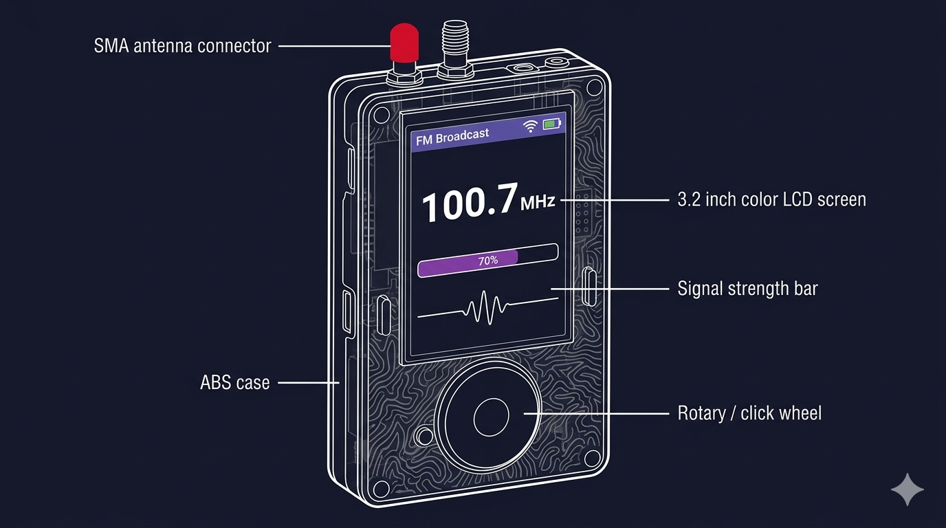 FM Broadcast app on H4M showing frequency tuned to 100.7 MHz with signal strength bar at 70 percent