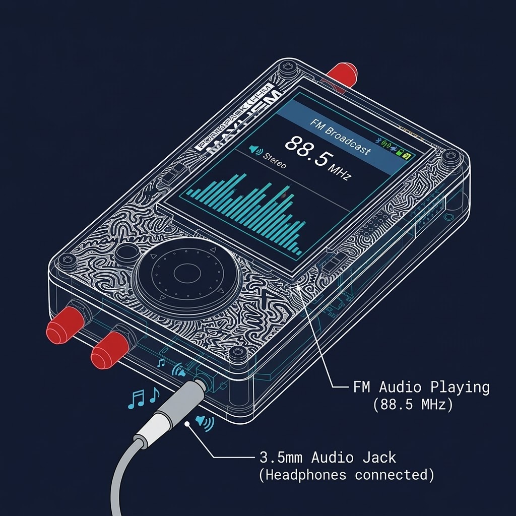 Headphones plugged into the H4M 3.5mm jack while FM app plays audio