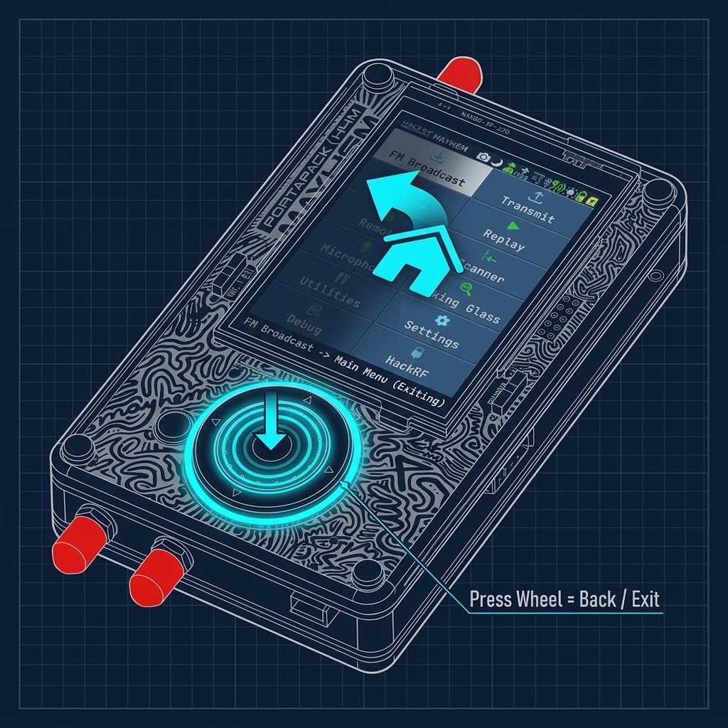 Back button being pressed to return to the main menu from the FM Broadcast app