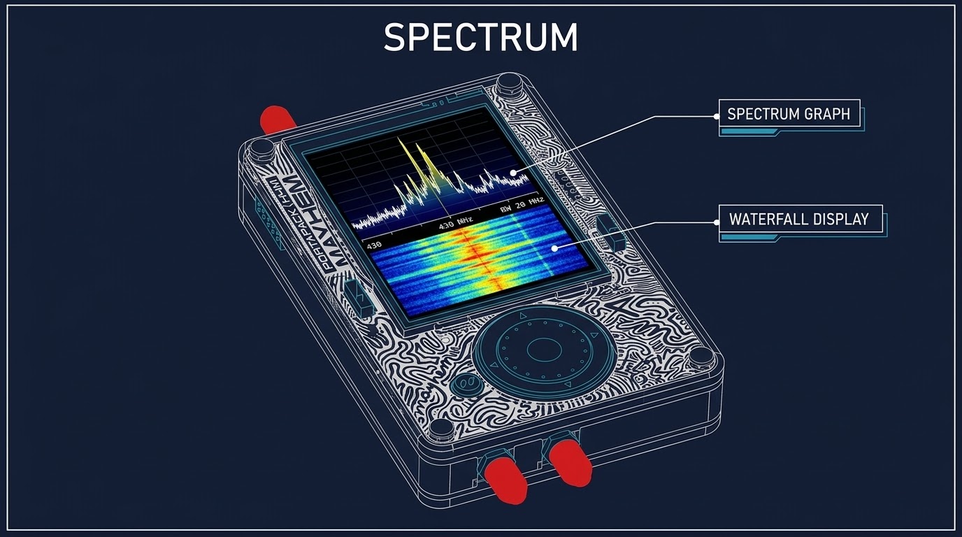 Spectrum analyzer waterfall display open showing live RF energy scrolling downward