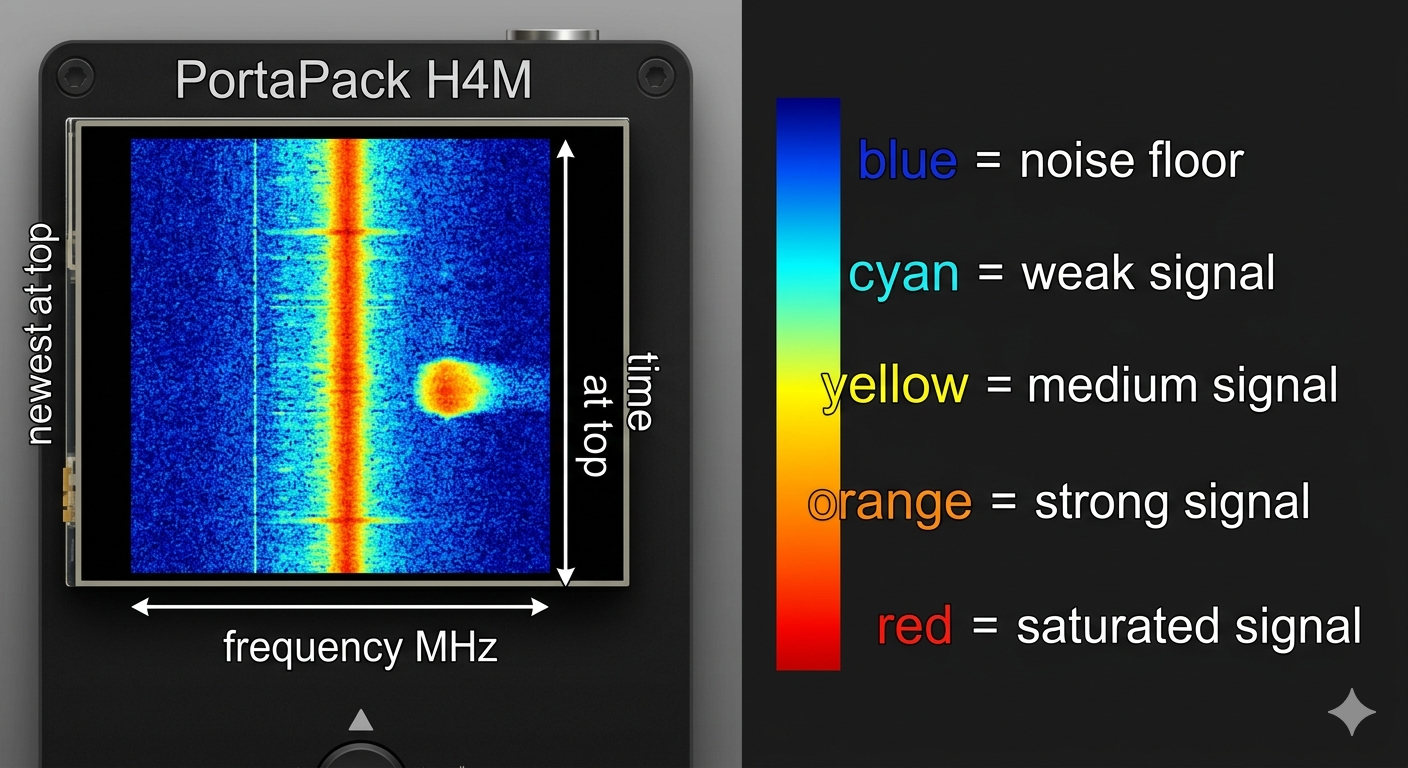 Waterfall display showing bright warm colours for strong signals and dark cool colours for no signal