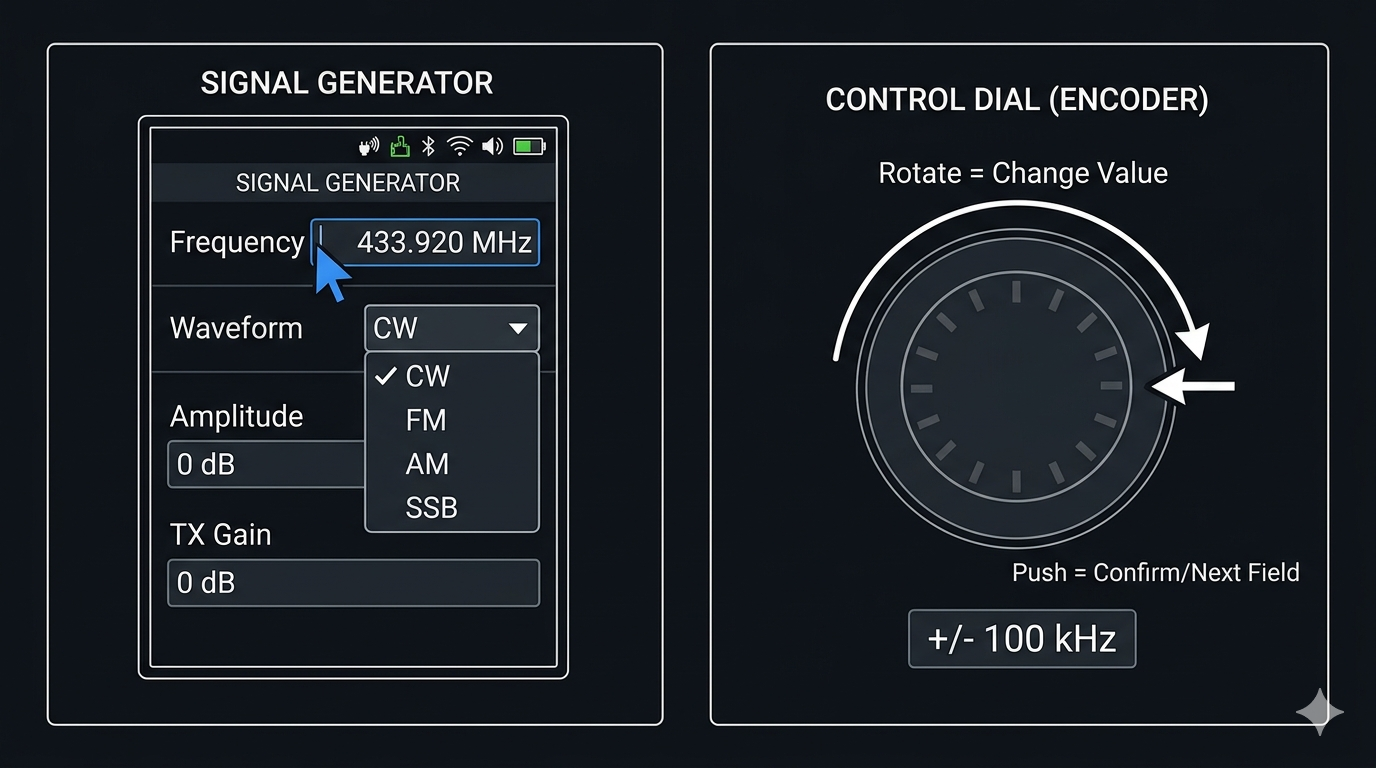 Signal Generator with frequency field and waveform options: sine, square, triangle, and sawtooth
