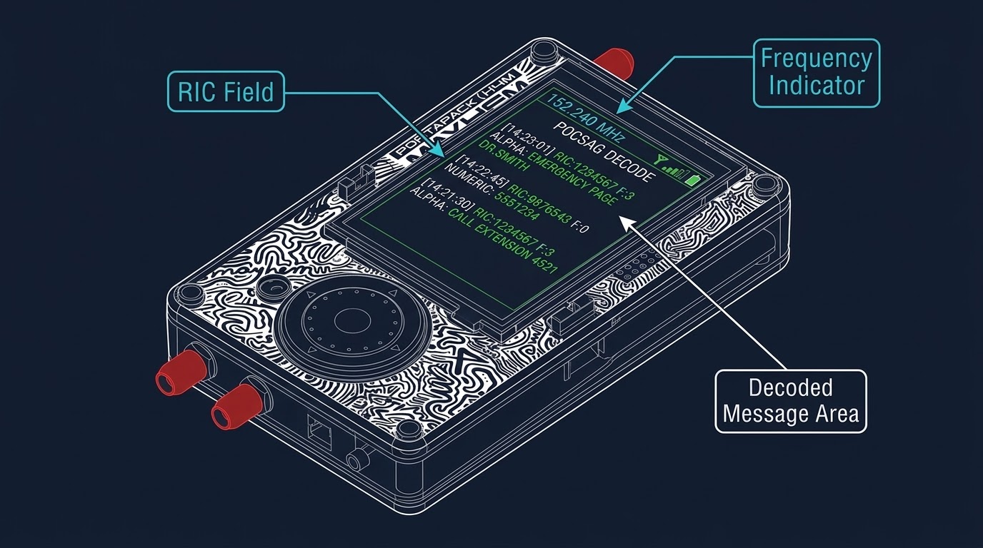 Live decoded POCSAG messages showing timestamp, RIC address, function code, and message text
