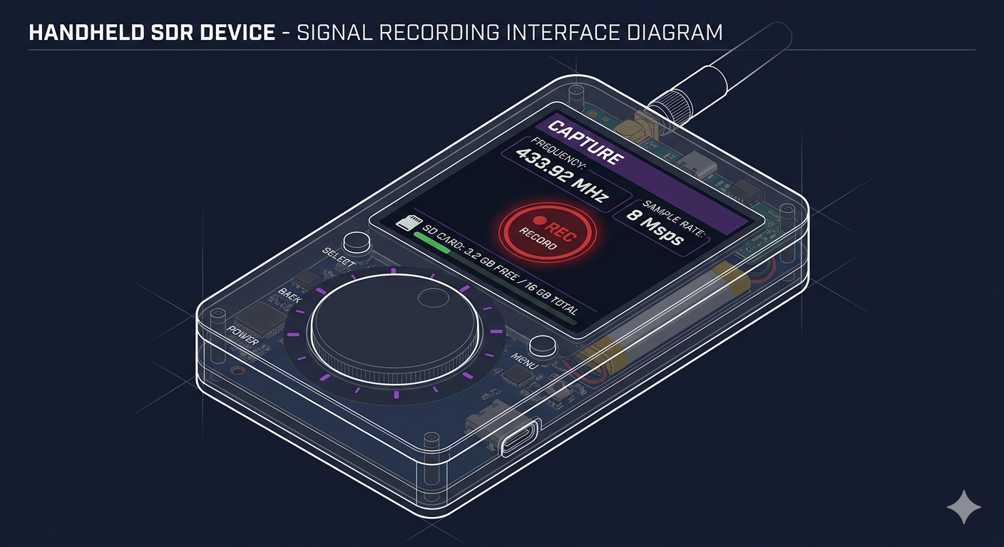 Mayhem Capture app screen on H4M showing centre frequency 433.92 MHz, sample rate 8 Msps, and red record button
