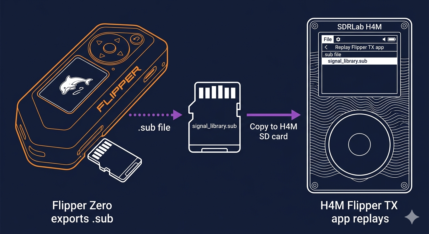 Diagram showing .sub file workflow from Flipper Zero SD card to H4M Flipper TX app