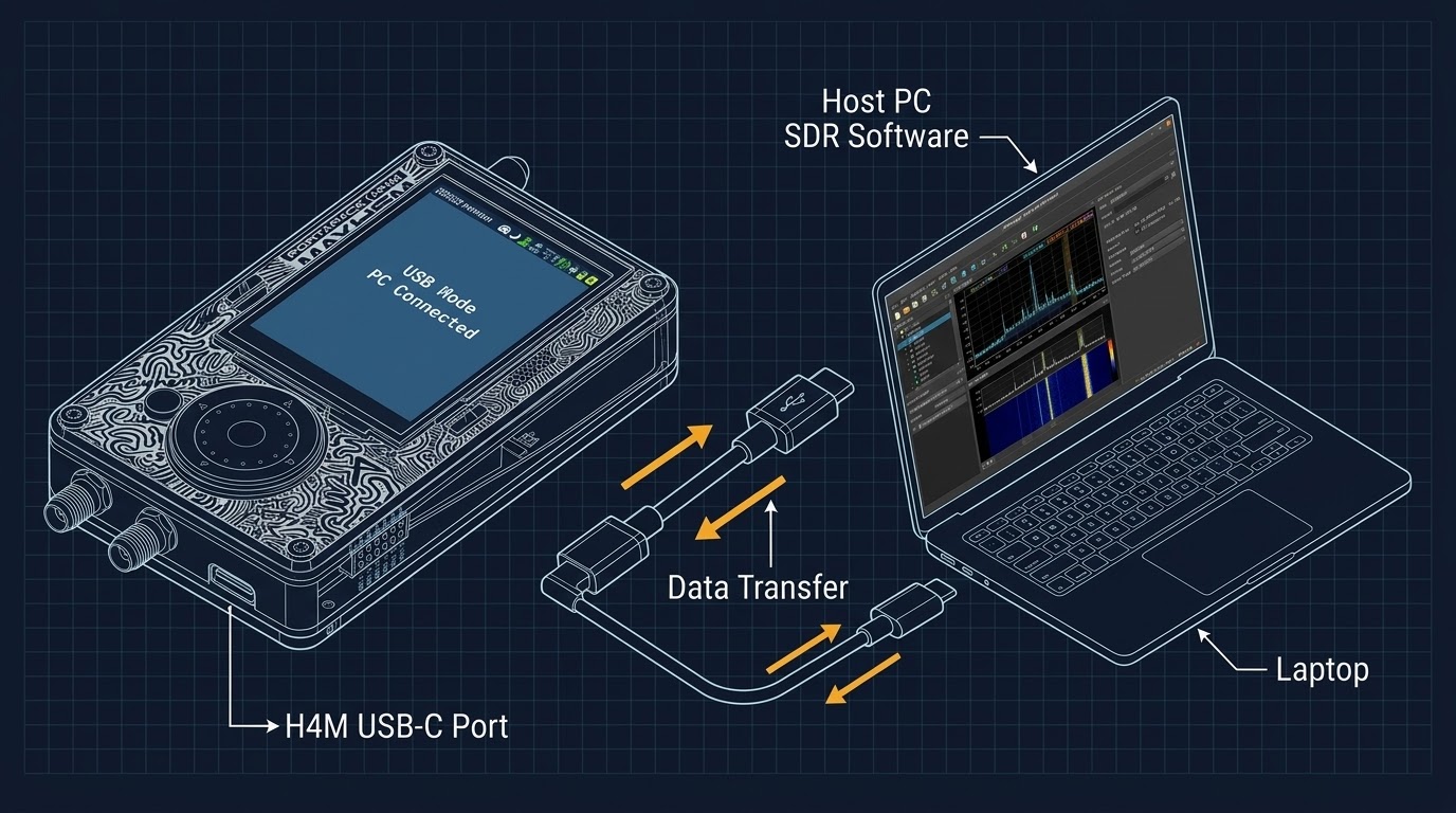 H4M connected to laptop via USB-C cable — PC-connected SDR mode diagram