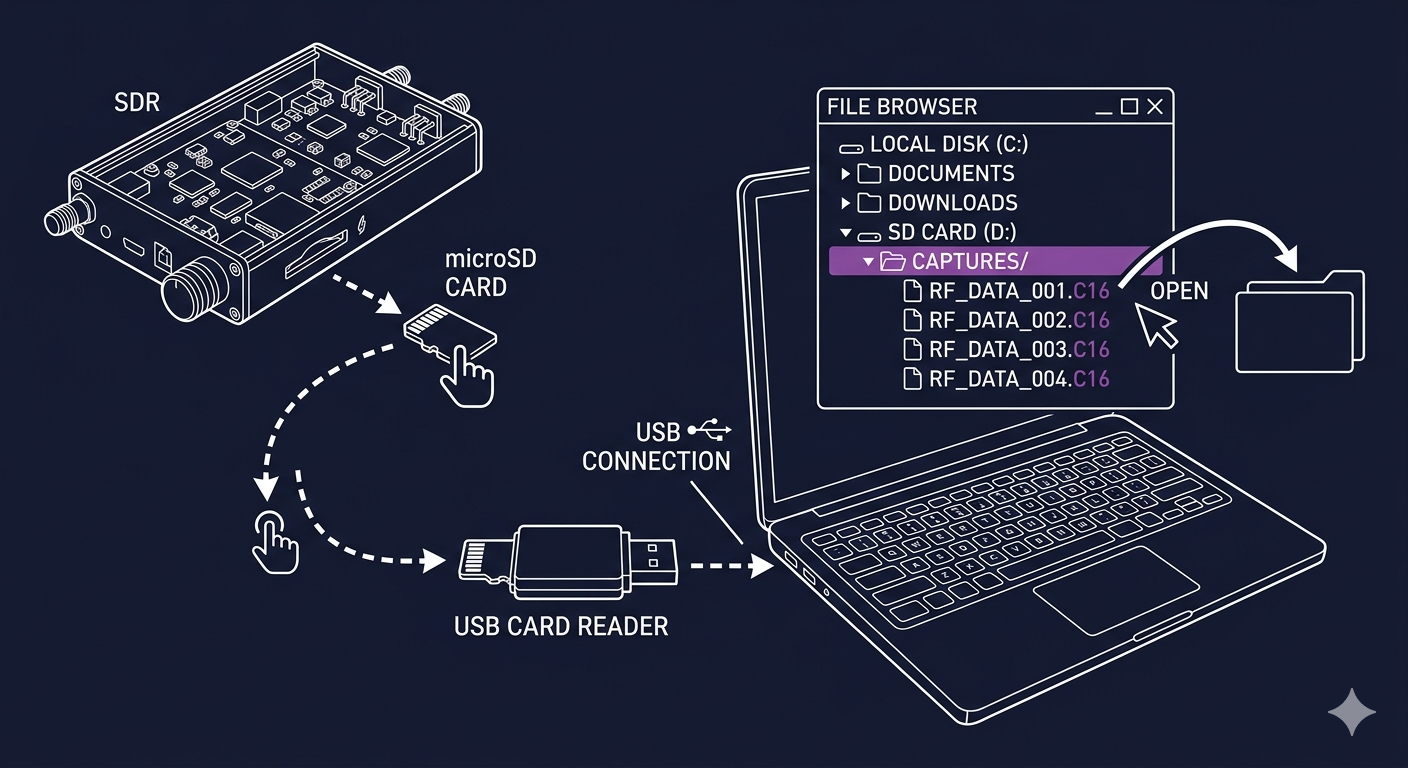 SD card CAPTURES folder with .C16 IQ files being opened in SDR# on a PC